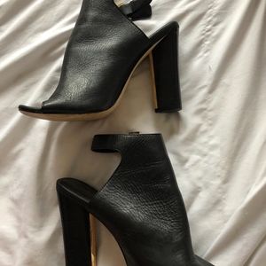 Calvin Klein Black Leather Peep Toe Buckle Booties